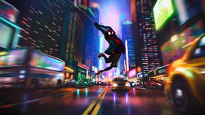 Into The Spiderverse Spider Man Miles Morales City Taxi Buses Street New York City Comics Sony Artwo 1920x939 Wallpaper