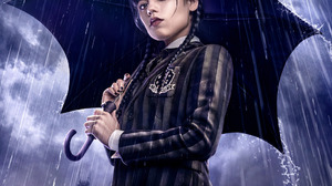 Movies Dark Wednesday Addams Wednesday TV Series Movie Poster Braids Jenna Ortega Rain Umbrella Scho 1045x1548 wallpaper