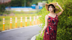 Asian Model Women Long Hair Brunette Straw Hat Flower Dress Bushes Grass Depth Of Field Poles Trees  3840x2560 Wallpaper