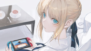Saber Fate Series Blonde Anime Girls Looking At Viewer Nintendo Switch Anime Blue Eyes Fate Stay Nig 2560x1440 wallpaper