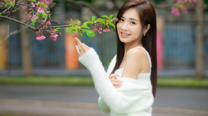 Asian Model Women Long Hair Dark Hair Flowers Trees Outdoors Bokeh 3840x2560 Wallpaper