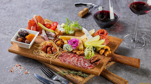 Food Fork Knife Sausage Cheese Vegetables Tomatoes Wine Olives Nuts 1920x1080 Wallpaper