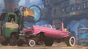 Alejandro Burdisio Car Vehicle Artwork Two Women Women Women With Cars Pink Cars Truck 1920x940 Wallpaper