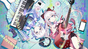 Tacitly Anime Two Women Top View Musical Instrument Anime Girls Guitar Piano Lying On Back Controlle 5500x3091 Wallpaper