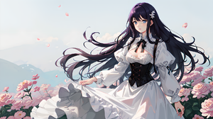 Ai Art Anime Girls Purple Hair Hair Ornament White Dress Flowers Dress Petals Looking At Viewer Long 1920x1080 Wallpaper
