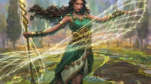 Sorceress Magic Staff Long Hair Green Dress Black Hair 1920x1410 wallpaper