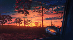 Sunset Glow Trees Rearview Mirror Clouds Sunset Field Sky 1920x1080 wallpaper