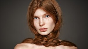 Daria Milky Model Women Blue Eyes Redhead Simple Background Bare Shoulders Looking At Viewer Braids  2000x1333 Wallpaper