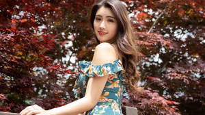 Asian Model Women Long Hair Dark Hair Depth Of Field Trees Leaves Flower Dress Railings Leaning Look 3840x2560 Wallpaper