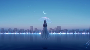 Anime Girls Minimalism Umbrella City Moon Water Building 3840x1960 Wallpaper