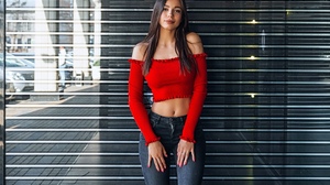 Oleg Klimin Women Olya Nefyodova Red Clothing Bare Shoulders Jeans Denim Reflection Sneakers Model B 1440x2160 Wallpaper