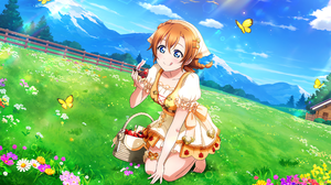 Kousaka Honoka Love Live Anime Anime Girls Smiling Tongue Out Grass Flowers Sunlight Sky Clouds Moun 4096x2520 wallpaper