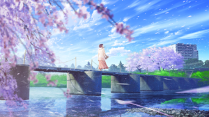Anime Anime Girls Bridge Cherry Blossom Water Reflection Sky Clouds Trees Building Signature Standin 1303x921 Wallpaper