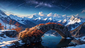 Ai Art Snowy Peak Water Arch Bridge Snow Covered Mountains Maple Leaf Nature Snow Reflection Stars S 3840x2160 Wallpaper