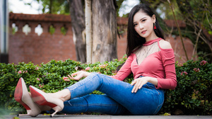 Asian Model Women Long Hair Dark Hair Sitting Jeans Heels Shirt Bushes Trees Depth Of Field Bricks W 3840x2560 Wallpaper