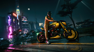 Biker Cyberpunk 2077 Video Games Motorcycle City Night Moon Helmet Reflection Looking At Viewer City 3840x2160 Wallpaper