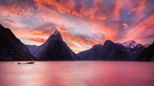 Milford Sound New Zealand HDR Pink Sunset Fjord National Park Landscape Nature Mountains Clouds Lake 6877x4044 Wallpaper
