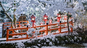 Japan Winter Asian Architecture Snow Trees Lantern 2016x1344 Wallpaper