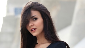 Model Face Red Lipstick Black Dress Victoria Justice Hair In Face Portrait Brunette Open Mouth 2560x1440 Wallpaper