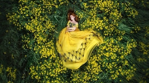 Yellow Dress Yellow Flower Redhead 2160x1400 Wallpaper