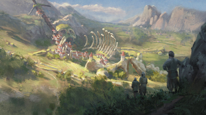 Sword Titan Skeleton Mountain Area Mountains Grass Rocks Village Bones 3840x2160 Wallpaper