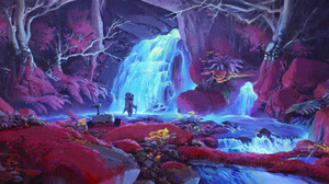 Alin Artwork Purple Forest Trees Waterfall Grass Moss Plants Water Fantasy Art 4095x1766 Wallpaper