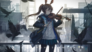 Anime Anime Girls Arknights Amiya Arknights Violin Musical Instrument Birds Animals Closed Eyes Anim 2401x1309 Wallpaper