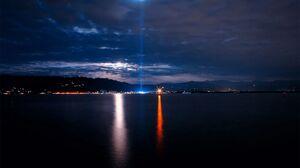 Sea Coast City Lights Laser Water Clouds Sky 1920x1080 Wallpaper
