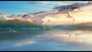 Suzume Bird Of Prey Anime Anime Screenshot Water Sea Clouds Sunset Sunset Glow Mountains Sky Animals 2092x886 Wallpaper