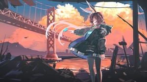 Anime Girls Arknights Amiya Arknights Bridge Ruins Golden Gate Bridge Animal Ears Long Hair Ponytail 1920x1080 wallpaper