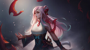 PerryHan Zhang Drawing Irelia League Of Legends Pink Hair Video Game Art Red Moles Long Hair Video G 2560x1547 Wallpaper