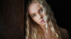 Maxim Maximov Women Maria Popova Blonde Long Hair Wavy Hair Blue Eyes Looking At Viewer Portrait Res 2048x1458 Wallpaper