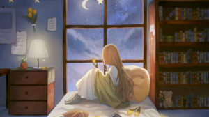 Anime Anime Girls Long Hair Window Crescent Moon Stars Night Sitting Bed Dog Animals Interior Room L 2275x1716 Wallpaper