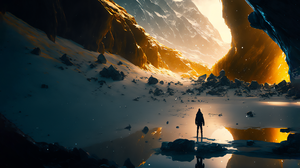 Science Fiction Ai Art Mountains Illustration Exploring Reflection Rocks Water 3452x1942 Wallpaper
