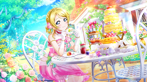 Ayase Eli Love Live Anime Anime Girls Smiling Blushing Gloves Chair Flowers Cup Sweets Cupcakes Tea  3600x1800 Wallpaper
