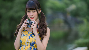 Asian Model Women Long Hair Dark Hair Depth Of Field Camera Flower Dress Twintails 2560x1707 Wallpaper