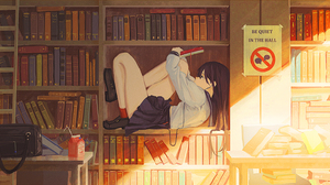 Pixiv Artwork Anime Girls Books Schoolgirl School Uniform Sunlight Lying On Back Bag Drink Long Hair 1637x818 Wallpaper