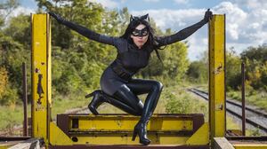 Catwoman Women Boots Legs Mask Outdoors Looking At Viewer High Heels 6593x4395 Wallpaper