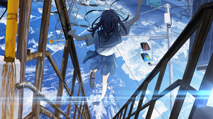 Digital Digital Art Anime Anime Girls Abstract City Cityscape Ladder Sky Clouds School Uniform Schoo 3376x4501 Wallpaper