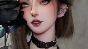 Huy Ozuno Digital Digital Art Artwork Illustration Portrait Women Looking At Viewer Rose Blue Eyes 1539x2048 Wallpaper
