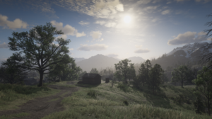 Red Dead Redemption 2 Nature Video Games Sky Clouds Trees Path Mountains Sun 3840x2160 Wallpaper