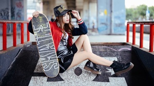 Asian Model Women Long Hair Dark Hair Sitting Skateboard Black Skirts Ankle Boots Jacket Baseball Ca 3554x1942 Wallpaper