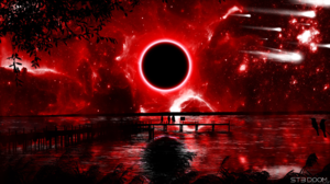 Red Black Eclipse Bridge Water Reflection Sky Trees Branch Leaves Space Stars Nebula Shooting Stars  2560x1440 Wallpaper