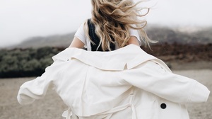 Women Long Hair Model White Coat Coats Windy Rear View 1015x1280 Wallpaper