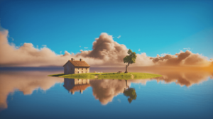 Louis Coyle Digital Art Artwork Illustration Landscape Nature Spirited Away House Island Reflection  5120x2880 Wallpaper