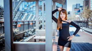Asian Model Women Long Hair Dark Hair Depth Of Field Black Dress Stairs Railing Building Column Lean 2281x1520 Wallpaper