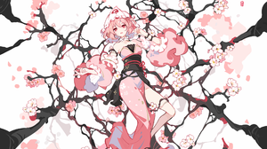 Anime Girls Anime Digital Art Artwork White Background Flowers Touhou Saigyouji Yuyuko Petals Lookin 1920x1080 Wallpaper