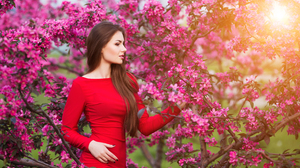 Blossom Brunette Long Hair Pink Flower Red Dress 4500x3000 Wallpaper