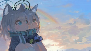 Anime Anime Girls Shiroko Blue Archive Blue Archive Scarf Looking Away Looking Up Sky Clouds Sitting 2182x1280 Wallpaper