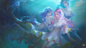 Aqua Hair Blue Hair Mermaid Pink Hair Underwater 3000x1688 Wallpaper